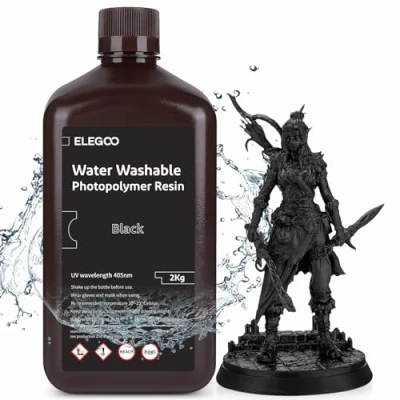 Abbildung von ELEGOO 405nm Wasser Waschbares Resin, Water Washable 3D Drucker Rapid Harz für LCD UV Härtung Photopolymer 2kg Schwarz