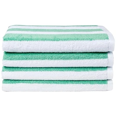 Abbildung von Amazon Basics 100 % Baumwollfrottee Cabana gestreiftes Strandtuch und Poolhandtuch, weich saugfähig, 2er Pack, Grün, 76 x 152 cm