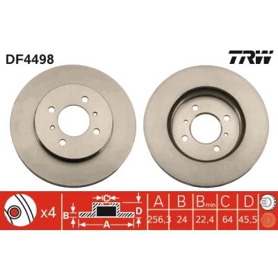 Abbildung von TRW DF4498 Bremsscheibe 256 24 4 100 Belüftet lackiert MITSUBISHI: Lancer 7 Limousine, Kombi, 6 Limousine