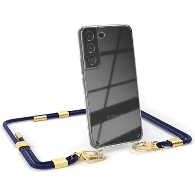 Abbildung von EAZY CASE kombinierbare Handyketten kompatibel mit Samsung Galaxy S22 5G, Transparente Silikon Hülle stylischen rundem Umhängeband, abnehmbar durch Karabiner, Riemen, Nacht Blau Clips Gold