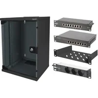 Abbildung von DIGITUS 10 Zoll Set Netzwerk Schrank 9HE Schwarz Fachboden Steckdosenleiste 8 Port Patch Panel Gigabit Switch