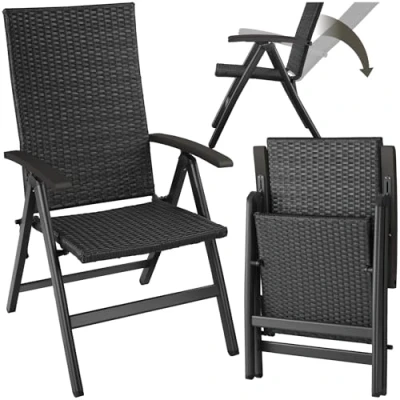 Abbildung von tectake® Alu Polyrattan Gartenstuhl, klappbarer Sessel mit 6 Fach Verstellbarer Rückenlehne, wetterfest, Aluminiumgestell, Campingstuhl Holzarmlehnen, Stuhl für Garten, Balkon, Terrasse schwarz