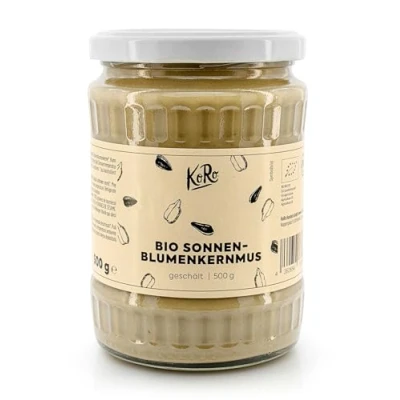Abbildung von KoRo Bio Sonnenblumenmus 500 g aus 100% Sonnenblumenkernen Hoher Ballaststoffgehalt Mild nussiger Geschmack Schmeckt pur als Brotaufstrich und in Salatdressings