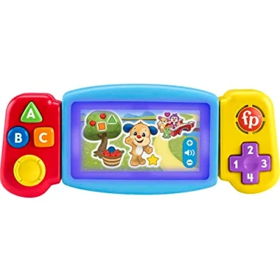 Abbildung von Fisher Price Lernspaß Spielkonsole Kinderspielzeug mit Lichtern, Geräuschen und Lernliedern, Spielzeug für Feinmotorik, Zahlen, Farben Formen lernen, Version: UK Englisch, HNM83