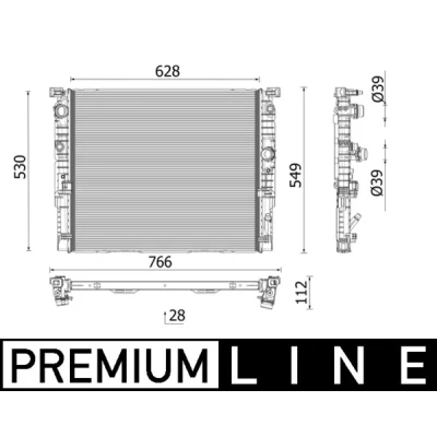 Abbildung von MAHLE ORIGINAL CR 2771 000P Kühler, Motorkühlung Aluminium 628mm 530mm 28mm Anschluss rechts Kühlrippen gelötet BMW: 5 Limousine, 7