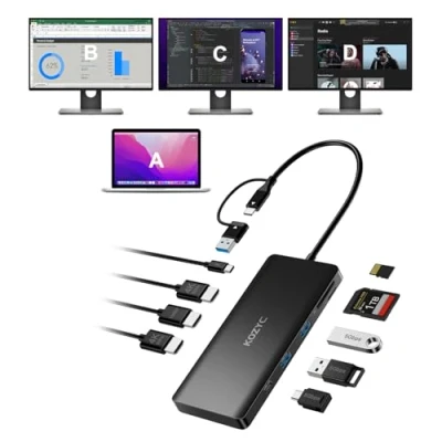 Abbildung von USB C Docking Station 3 Monitore Compatible with MacBook/Windows, KOZYC 9 IN 1 Triple Display 3xHDMI, 3xUSB 3.0, SD/TF, and 100W PD, HDMI Splitter Extend Monitors