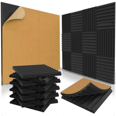 Abbildung von 48 Stück selbstklebende Akustikplatten, 2,5 x 30,5 cm, Akustikschaumstoff, Studio Schaumstoffkeile, hohe Dichte, schalldichte Keile, Anthrazit