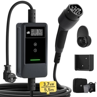 Abbildung von dé Ladekabel Elektroauto Typ 2 Schuko 3,7kW [5,5m, 6 16A] EV Charger Mit Kabelhalter und digitalem LCD Ladegerät für e Auto Model 3/Y, ID.3/4/5, MG4, Q4, GLA, Zoe Anderen PHEV/EV