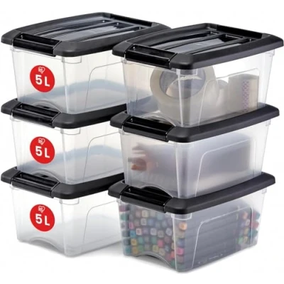 Abbildung von Iris Ohyama Aufbewahrungsboxen mit Deckel, 5L, 6er Set, Schwarz, Sicherer Verschluss, Stapelbar, Griffe, Schlafzimmer, Schrank, Büro, Organisation, BPA freies Plastik, Ordnungsboxen, NTB 5