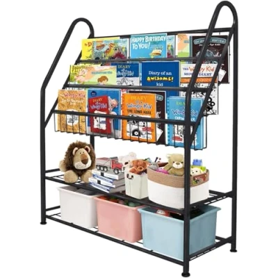 Abbildung von Huhote Großes Kinder Bücherregal, Kinderregal mit 3 Ablagen, Spielzeugregal, Aufbewahrungsregal für Kinder, Kinderzimmerregal, Buchaufbewahrung, Kinderzimmer Spielzimmer, Schwarz