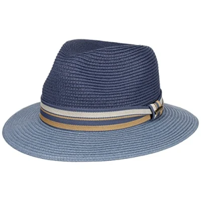 Abbildung von Stetson Romaro Toyo Traveller Strohhut Herren Sommerhut aus Viskose UV Schutz 40+ Breite Krempe Mit gestreifter Ripsbandgarnitur Sonnenhut Männerhut Frühjahr/Sommer blau XXL (62 63 cm)