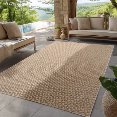 Abbildung von SIMPEX Indoor Outdoor Teppich Beige 80x150 cm Läufer, UV beständig, Ideal für Küche, Balkon, Terrasse, Wohnzimmer und Esszimmer, Karo Design im Boho Stil