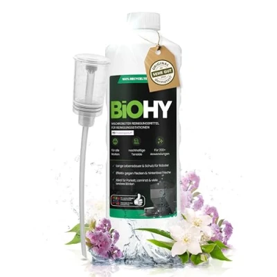 Abbildung von BiOHY Wischroboter Reinigungsmittel für Reinigungsstationen mit Frühlingsduft (1l Flasche) + Dosierer Verlängert die Lebensdauer der Absaugstation Schaumarmes Bodenreiniger Konzentrat