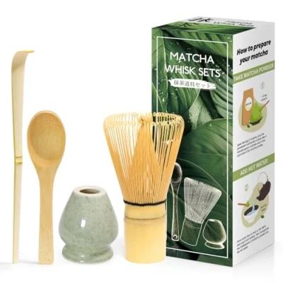 Abbildung von 4 Stück Matcha japanisches Zeremonienset, MatchaBesen aus Naturbambus, Löffel Bambus, Schaufel Quirlhalter, Zubehör für die Teezeremonie, das Getränk Grün
