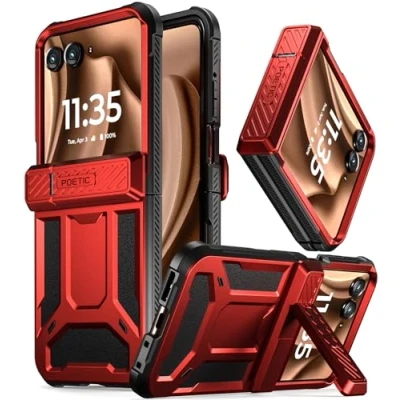 Abbildung von Poetic Spartan Case für Motorola Moto Razr 50 Ultra, [Ständer] [Scharnierschutz] [20 Fuß Falltest nach Militärstandard], robuste, stoßfeste Ganzkörper Schutzhülle mit Ständer, Metallic Rot