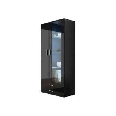 Abbildung von Standvitrine 2D2S Soho S6, Vitrine, Glasvitrine, Farbauswahl, Vitrinenschrank, Hochschrank, Stauraumvitrine, Wohnzimmer Highboard Schrank (Schwarz / Schwarz Hochglanz, mit weißer LED Beleuchtung)