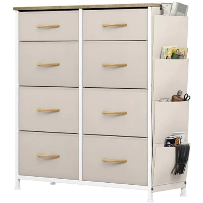 Abbildung von YITAHOME Kommode, 8 Stoffschubladen mit Griffen, Aufbewahrungsschrank Haken, Schubladenschrank Seitentaschen, Schrank,Metallgestell,stoffkommode für Schlafzimmer,Wohnzimmer,Flur,Büro,beige