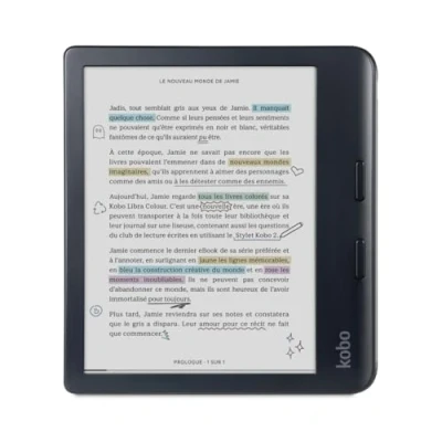 Abbildung von Kobo Libra Color eReader 7 Zoll blendfreie Farbe E Ink Kaleido™ 3 Display Dunkelmodus Option Hörbücher wasserdicht Schwarz