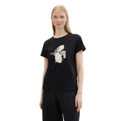 Abbildung von TOM TAILOR Damen Basic T Shirt mit Blumen Print, deep black, XXXL
