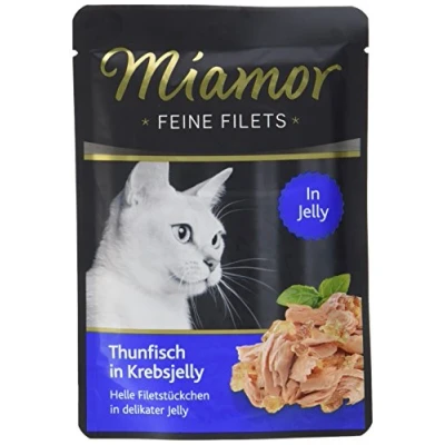 Abbildung von MIAMOR Feine Filets in Jelly Nassfutter für ausgewachsene Katzen mit Filetstückchen Jelly. Fettarmes Ergänzungsfutter im Frischebeutel ohne Zusatzstoffe 24x100g Thunfisch Krebsjelly