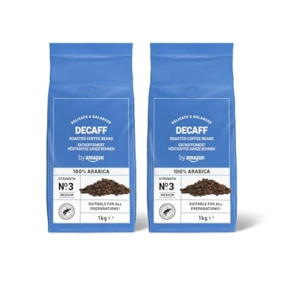 Abbildung von Amazon Marke: Solimo Kaffeebohnen, entkoffeiniert, leicht geröstet, 2 kg (2 Packungen mit 1 kg), Rainforest Alliance zertifiziert