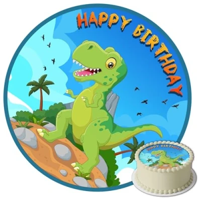 Abbildung von J&amp;M DECO Essbare Tortenaufleger Geburtstag Tortendeko Dino Motiv Geburtstagskuchen Deko aus Fondant Rund 20 cm Esspapier Dinosaurier