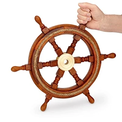Abbildung von NKlaus 45cm Maritimes Steuerrad Holz mit Messingnabe Standard Qualität Schiffsrad Deko 11742