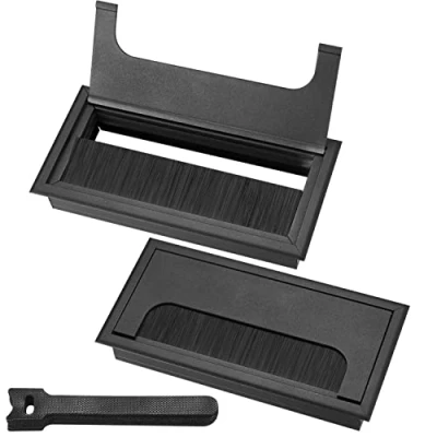 Abbildung von 2 Stück Kabeldurchführungen Kabeldurchlass, Kabelkanal Schreibtisch mit Bürstendichtung Aluminium, 10 Kabelbindern. (Schwarz, 160x80mm)