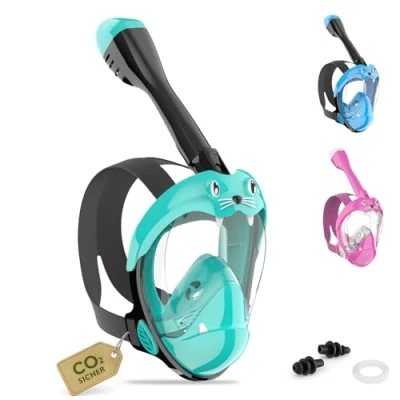Abbildung von Schnorchelmaske Kinder Tauchmaske CO2 sichere Vollgesichtsmaske für ab 6 Jahren Anti Beschlag Schnorchel Vollmaske Inklusive Tragetasche (Türkis)