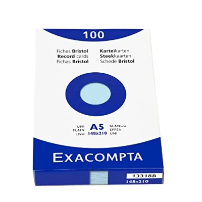 Abbildung von Exacompta 13318B Packung mit 100 Karteikarten, DIN A5, blanco, ideal für Notizen, Blau, 1 Pack