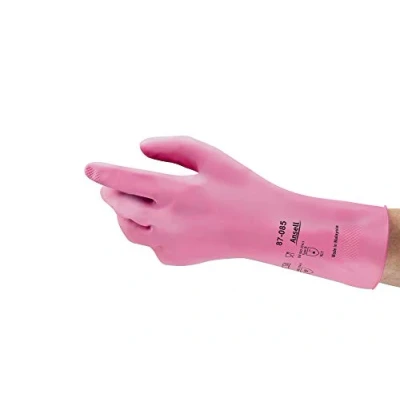 Abbildung von Ansell AlphaTec 87 085 Mehrzweckhandschuhe aus Latex, Chemikalienschutz, Lebensmittel Geeignet, Wiederverwendbare Gummihandschuhe, Hausputz, Haushalt, Kochen, Rosa, Größe L (12 Paar)