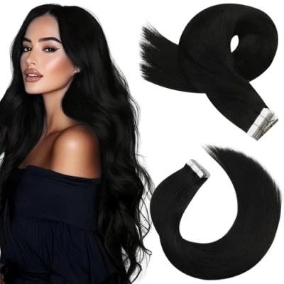 Abbildung von Moresoo Tape Extensions Echthaar Schwarz Echt HaarExtension 100% Remy in Haarverlängerung Klebeband Haarteile Skin Weft Naturschwarz #1B 20 Stück 50 Gramm 60 cm