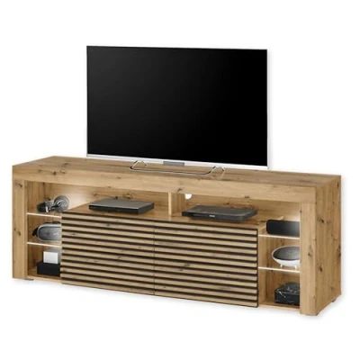 Abbildung von Goal 2 TV Lowboard mit LED Beleuchtung in Artisan Eiche Optik, Schwarz Schrank viel Stauraum für Ihr Wohnzimmer 179 x 67 44 cm (B/H/T)