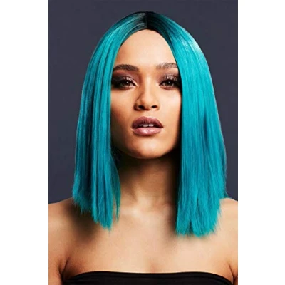 Abbildung von Smiffys Fever Kylie Perücke, zweifarbig, Türkis, Inverted, langer und gerader Bob mit Mittelscheitel, 37 cm