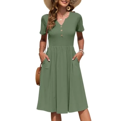 Abbildung von AUSELILY Damen Kurzarm Sommerkeider Knielange Sommer Kleider V Ausschnitt mit Knöpfen Empire Midikleid Taschen Olivgrün XXL