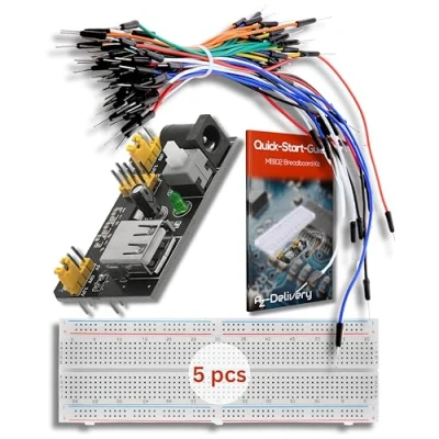 Abbildung von AZDelivery 5 x MB 102 Breadboard Kit 830 Breadboard, Netzteil Adapter 3,3V 5V, 65Stk Steckbrücken kompatibel mit Arduino inklusive Ebook!