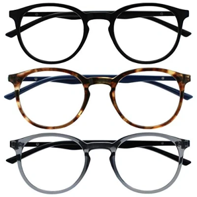 Abbildung von OPULIZE Met Brille Blaulichtfilter 3er Pack Schlank Runder Rahmen Federscharniere Verbessert Schlaf Computerbrille Gaming Entspiegelt Schwarz Braun Grau Herren Damen BBB60 127 +0.00