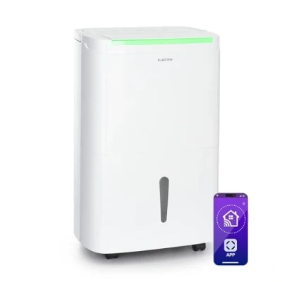 Abbildung von Klarstein DryFy Connect Luftentfeuchter Dehumidifier Kompressionsluftentfeuchter, WiFi Schnittstelle, 230 m3 Luftumwälzung pro Stunde, Entfeuchtungsleistung 50 l Tag, antikweißes Designgehäuse