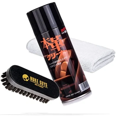 Abbildung von detailmate Set zur Reinigung und Pflege von Leder, Polster &amp; Textilien Soft99 Lederreiniger 300 ml + Nuke Guys Bürste S Mikrofasertuch