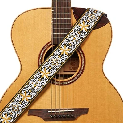 Abbildung von AMUMU Hootenanny Gitarrengurt, Vintage Guitar Strap mit Stickerei Design, 2&quot; Breiter Baumwolle Gurt doppelten Leder Enden, verstellbare Länge 36&quot; bis 62&quot; für E Gitarre, Akustikgitarre &amp; Bass, Gelb