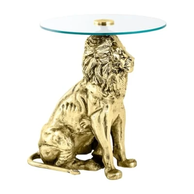 Abbildung von riess ambiente Beistelltisch WILDLIFE LION 60cm gold antik / transparent · Couchtisch aus Metall (Einzelartikel, 1 St), Wohnzimmertisch mit Glas Tischplatte rund handmade Löwen Statue