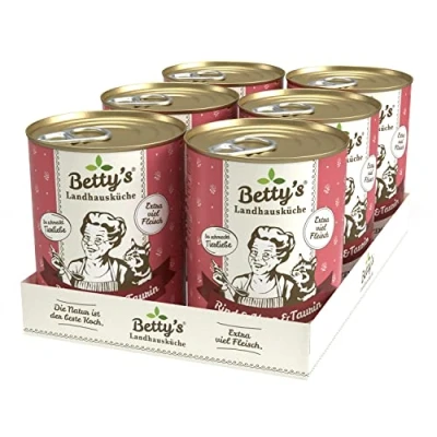 Abbildung von Betty&#039;s Landhausküche Dose Nassfutter Katze, getreidefrei, beste Qualität, hochwertiges Fleisch, schonend gegart, für alle Katzenrassen geeignet, Rind &amp; Herz 6 x 400 g