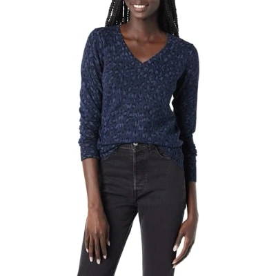 Abbildung von Amazon Essentials Damen Leichter, Langärmeliger Pullover Mit V Ausschnitt, Klassischer Schnitt (Erhältlich In Übergröße), Marineblau Schwarz Gepard, XL
