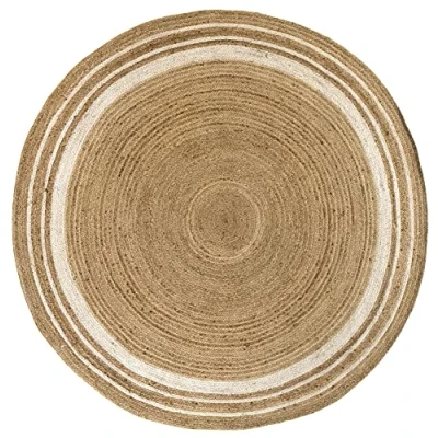 Abbildung von HAMID Jute Teppich Rund, Alhambra Handgewebt 100% Naturfaser de Jute, Wohnzimmer, Schlafzimmer, Flurteppich, Farbe Natur/Weiß, (200x200cm)