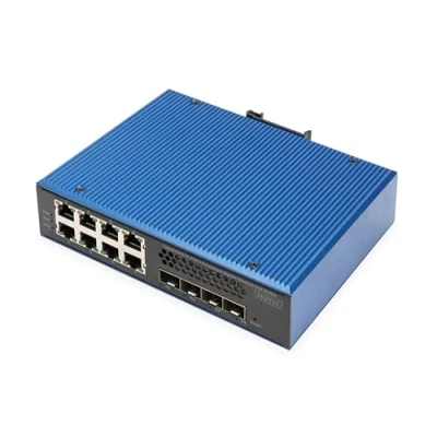 Abbildung von DIGITUS PoE Netzwerk Switch 12 Port Gigabit Ethernet 8X RJ45 + 4X SFP+ 10Gigabit IP40 L3 Managed, VLAN 10/100/1000 Mbit/s Hutschienenmontage Industrial Serie schwarz/blau