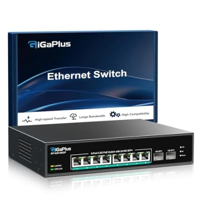 Abbildung von 10 Port 2.5Gb Nicht Verwalteter PoE Netzwerk Switch mit 8*2.5G Base T Port, 2*10G SFP+ Uplink, 802.3af/at (PoE+), 80Gbps Schaltkapazität, GigaPlus 2.5G für NAS/PC, WiFi6 Router
