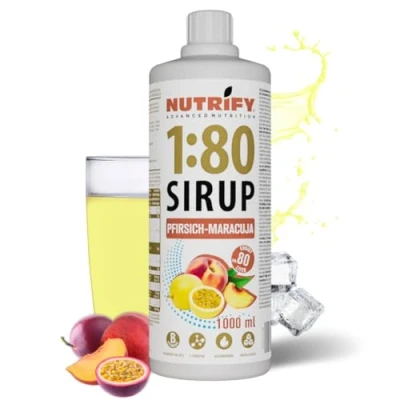 Abbildung von NUTRIFY Vital Fitness Drink 1:80 Sirup 1 L Pfirsich Maracuja, Getränkekonzentrat mit Vitaminen und Carnitin zuckerfrei ergibt 80 Liter Sportgetränk kalorienarm, 1000 ml
