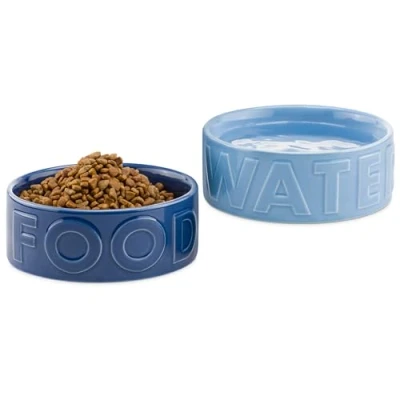 Abbildung von Navaris Hundenapf Set aus Keramik 700 ml 2er Hunde Napfset Wassernapf &amp; Fressnapf für Katzen Futternapf Hund Hell Dunkelblau