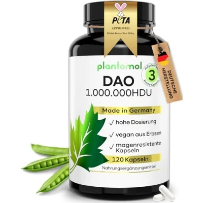 Abbildung von 120 DAO Kapseln 1.000.000 HDU pro Tag perfekte Dosierbarkeit mit 333.333 HDU/Kapsel (1 bis 3 Kapseln/Tag) vegan Enzym aus Erbsen