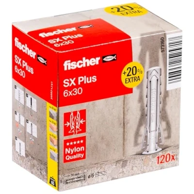 Abbildung von fischer Spreizdübel SX Plus 6 x 30 in der attraktiven Aktionsbox, Dübel für optimalen Halt bei Befestigungen Beton, Vollziegel, Porenbeton, Hochlochziegel uvm., mit 20% mehr Inhalt, 120 Stück